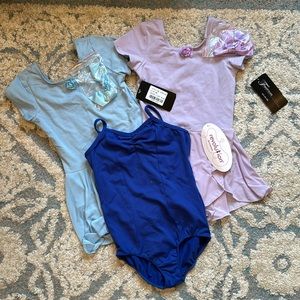 Three NWT little girl’s dance leotards with skirts